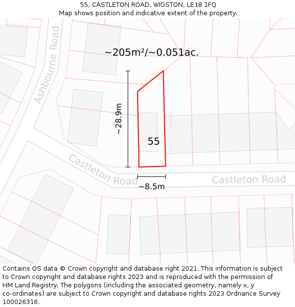 55, CASTLETON ROAD, WIGSTON, LE18 1FQ: Plot and title map