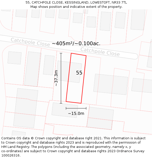 55, CATCHPOLE CLOSE, KESSINGLAND, LOWESTOFT, NR33 7TL: Plot and title map