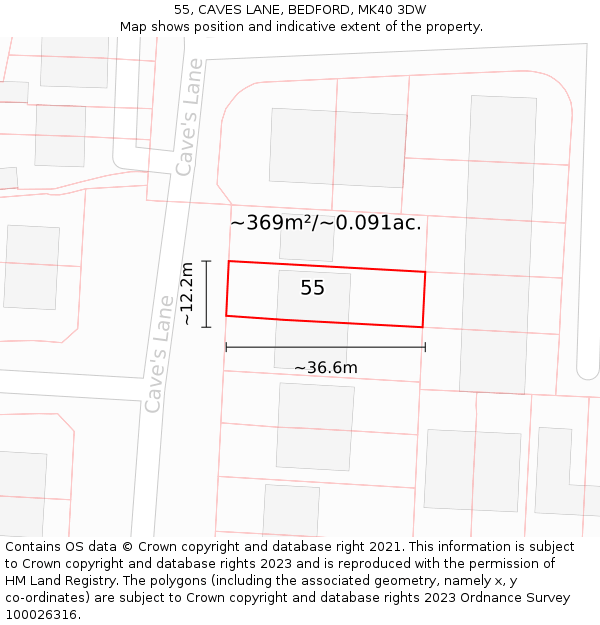55, CAVES LANE, BEDFORD, MK40 3DW: Plot and title map
