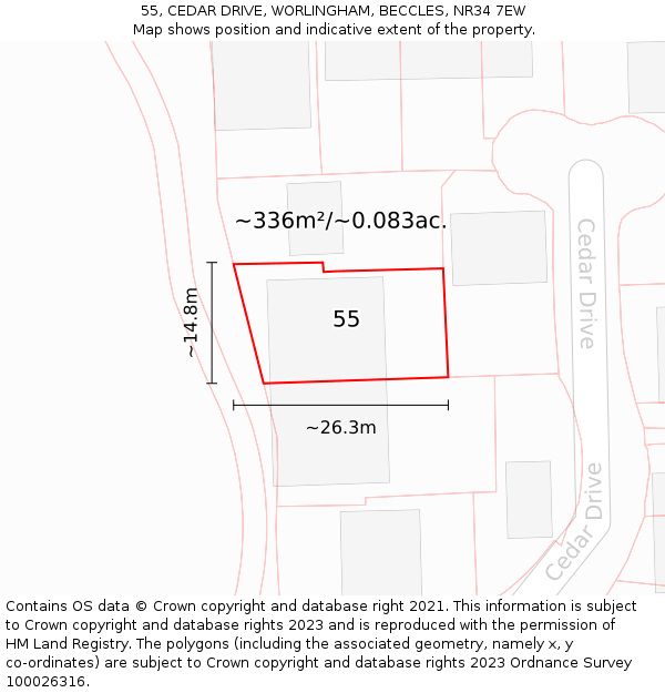 55, CEDAR DRIVE, WORLINGHAM, BECCLES, NR34 7EW: Plot and title map