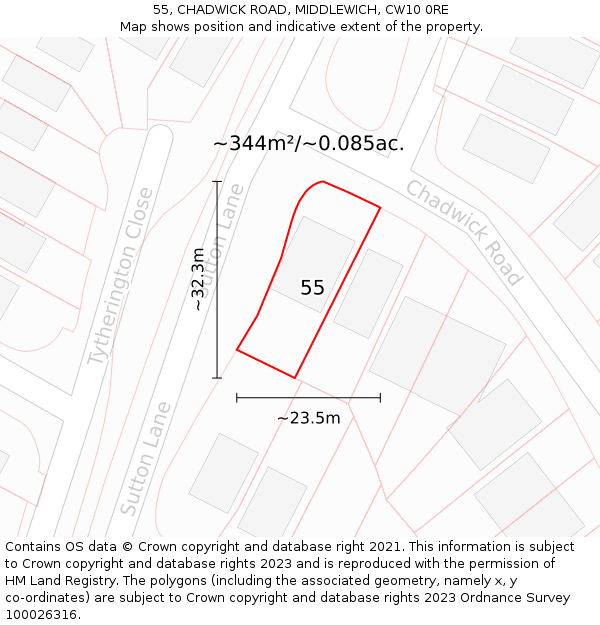 55, CHADWICK ROAD, MIDDLEWICH, CW10 0RE: Plot and title map