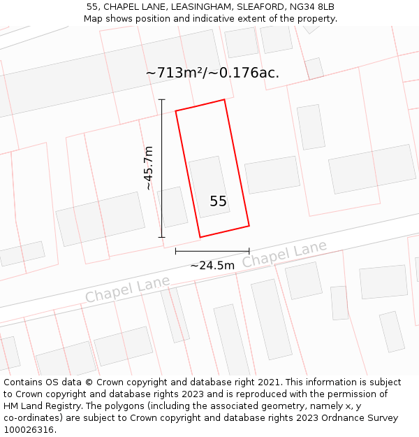 55, CHAPEL LANE, LEASINGHAM, SLEAFORD, NG34 8LB: Plot and title map