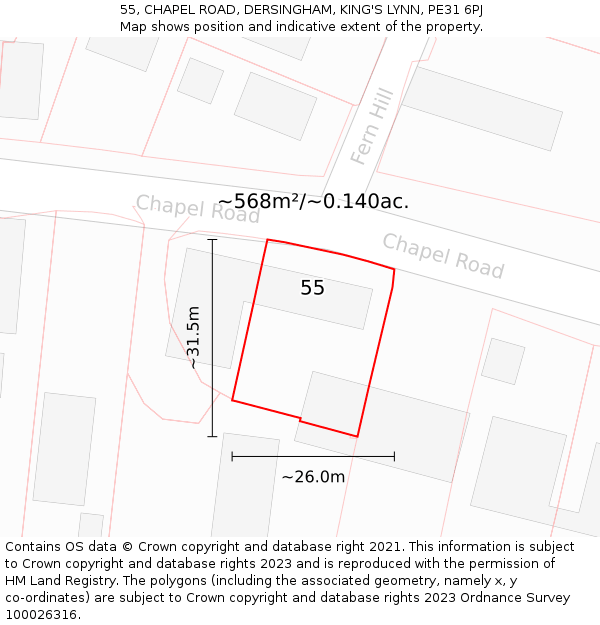 55, CHAPEL ROAD, DERSINGHAM, KING'S LYNN, PE31 6PJ: Plot and title map
