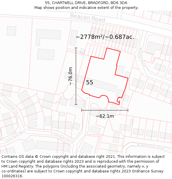 55, CHARTWELL DRIVE, BRADFORD, BD6 3DA: Plot and title map