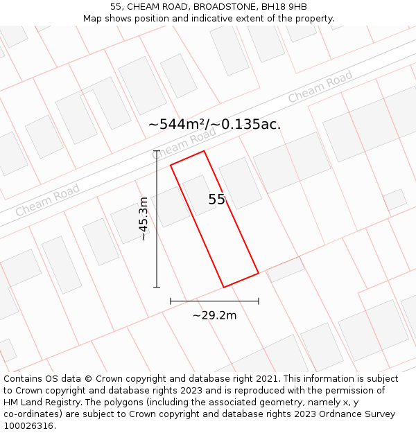 55, CHEAM ROAD, BROADSTONE, BH18 9HB: Plot and title map