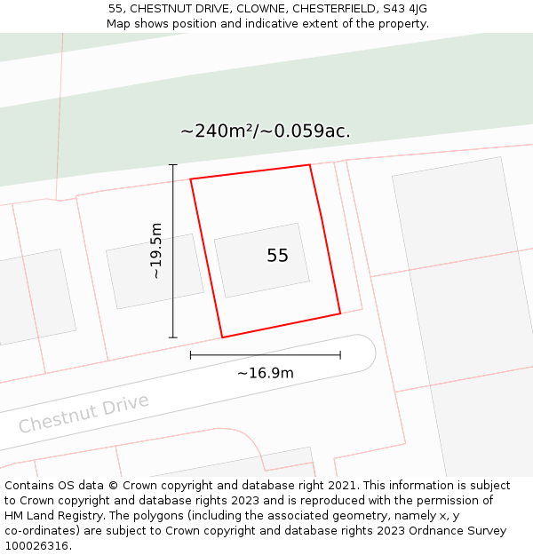 55, CHESTNUT DRIVE, CLOWNE, CHESTERFIELD, S43 4JG: Plot and title map