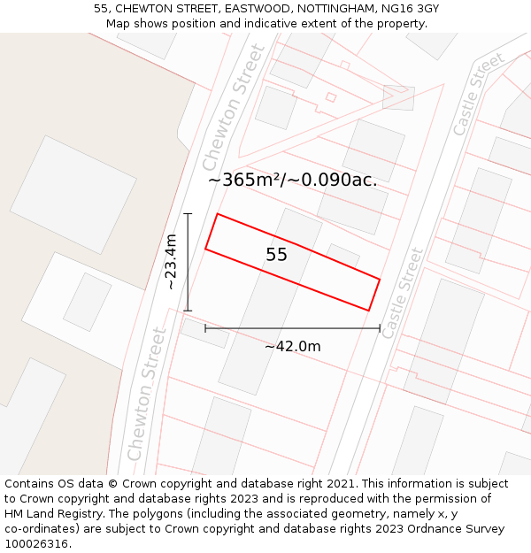 55, CHEWTON STREET, EASTWOOD, NOTTINGHAM, NG16 3GY: Plot and title map