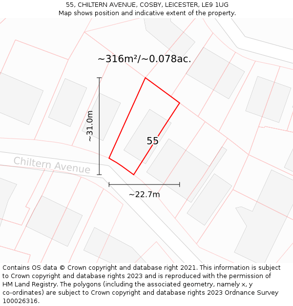 55, CHILTERN AVENUE, COSBY, LEICESTER, LE9 1UG: Plot and title map