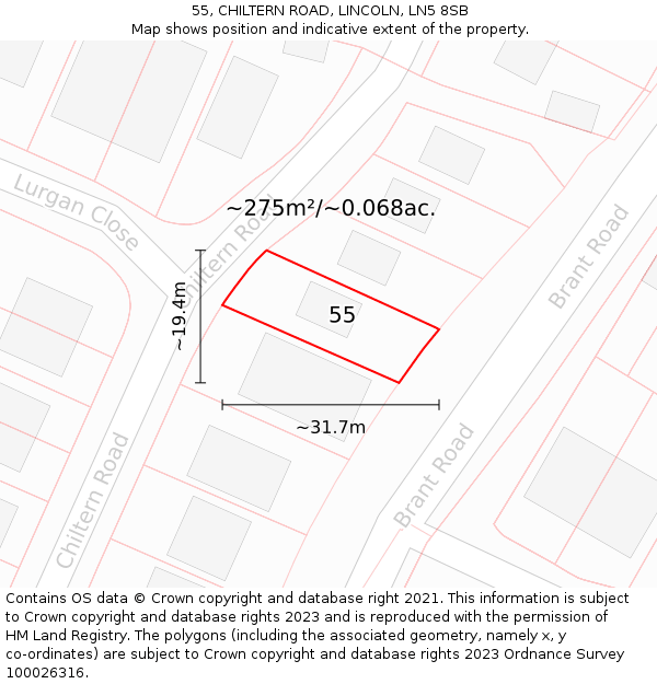 55, CHILTERN ROAD, LINCOLN, LN5 8SB: Plot and title map