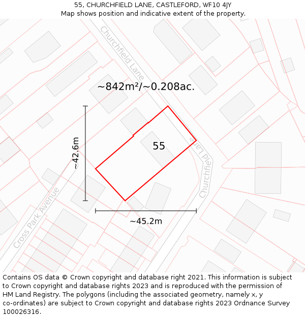 55, CHURCHFIELD LANE, CASTLEFORD, WF10 4JY: Plot and title map