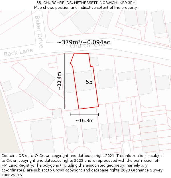 55, CHURCHFIELDS, HETHERSETT, NORWICH, NR9 3PH: Plot and title map