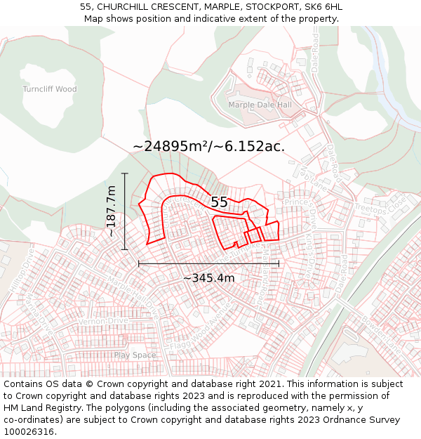 55, CHURCHILL CRESCENT, MARPLE, STOCKPORT, SK6 6HL: Plot and title map
