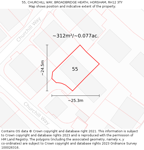 55, CHURCHILL WAY, BROADBRIDGE HEATH, HORSHAM, RH12 3TY: Plot and title map