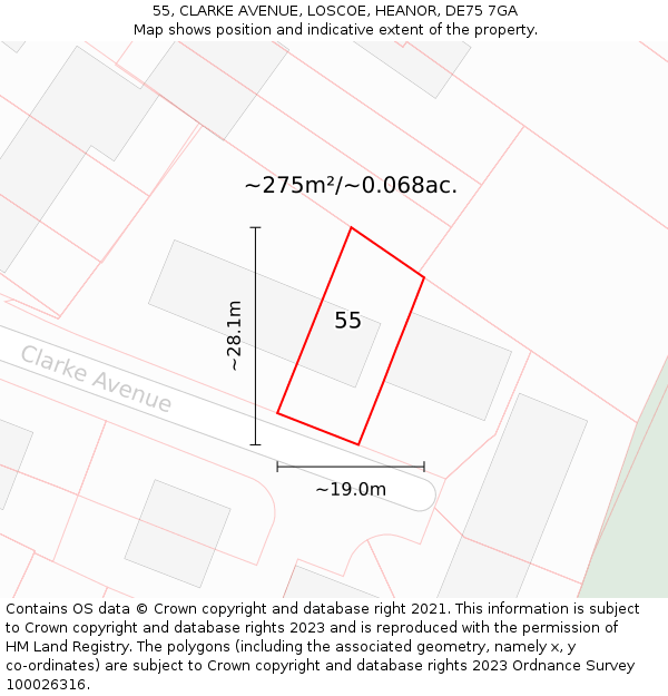 55, CLARKE AVENUE, LOSCOE, HEANOR, DE75 7GA: Plot and title map