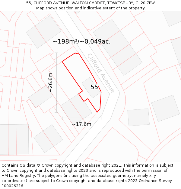 55, CLIFFORD AVENUE, WALTON CARDIFF, TEWKESBURY, GL20 7RW: Plot and title map