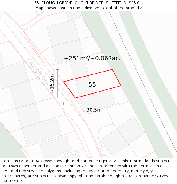 55, CLOUGH GROVE, OUGHTIBRIDGE, SHEFFIELD, S35 0JU: Plot and title map