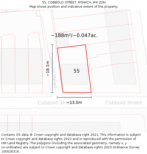 55, COBBOLD STREET, IPSWICH, IP4 2DN: Plot and title map
