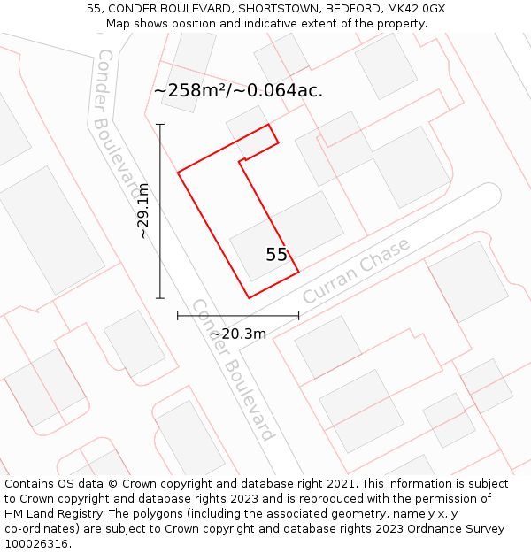 55, CONDER BOULEVARD, SHORTSTOWN, BEDFORD, MK42 0GX: Plot and title map
