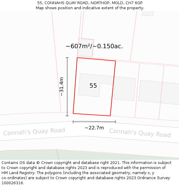 55, CONNAHS QUAY ROAD, NORTHOP, MOLD, CH7 6GP: Plot and title map