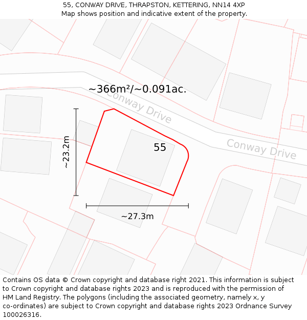 55, CONWAY DRIVE, THRAPSTON, KETTERING, NN14 4XP: Plot and title map