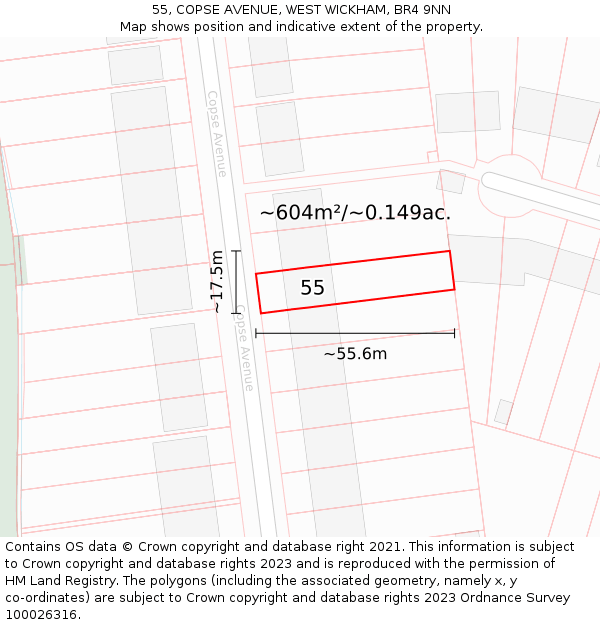 55, COPSE AVENUE, WEST WICKHAM, BR4 9NN: Plot and title map
