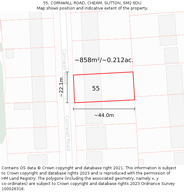 55, CORNWALL ROAD, CHEAM, SUTTON, SM2 6DU: Plot and title map