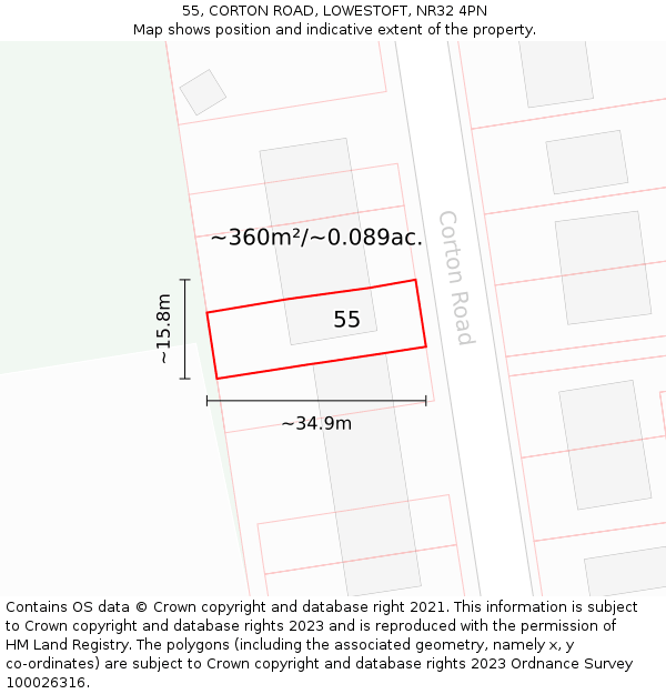 55, CORTON ROAD, LOWESTOFT, NR32 4PN: Plot and title map