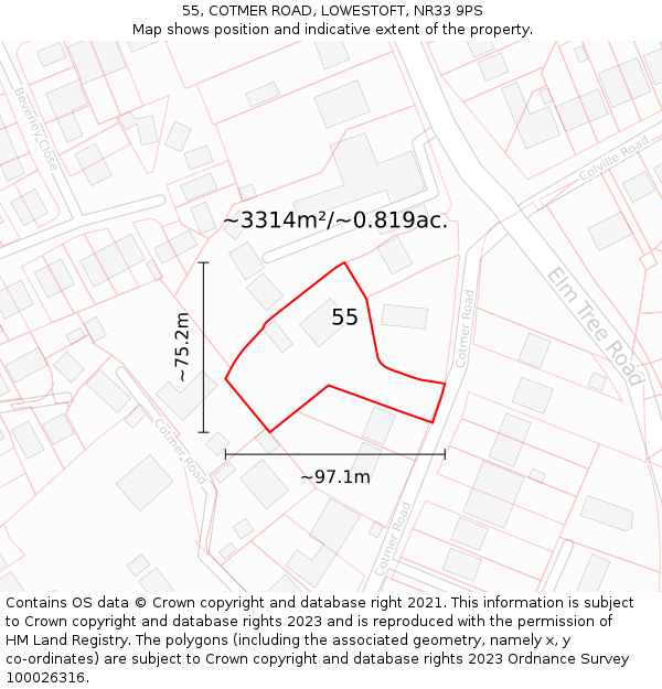 55, COTMER ROAD, LOWESTOFT, NR33 9PS: Plot and title map
