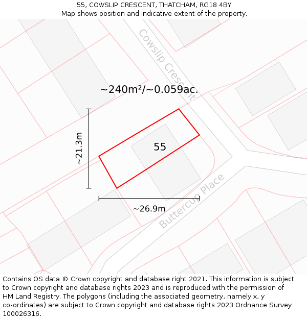 55, COWSLIP CRESCENT, THATCHAM, RG18 4BY: Plot and title map