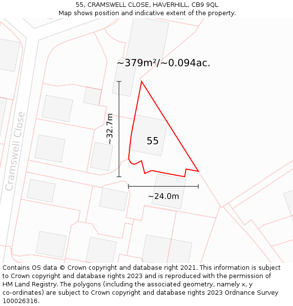 55, CRAMSWELL CLOSE, HAVERHILL, CB9 9QL: Plot and title map