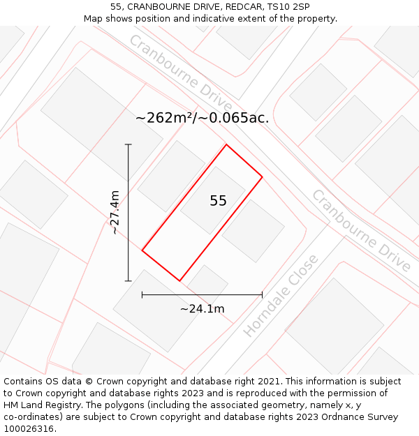 55, CRANBOURNE DRIVE, REDCAR, TS10 2SP: Plot and title map