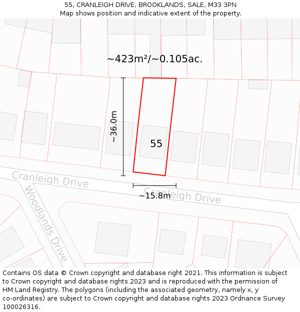55, CRANLEIGH DRIVE, BROOKLANDS, SALE, M33 3PN: Plot and title map