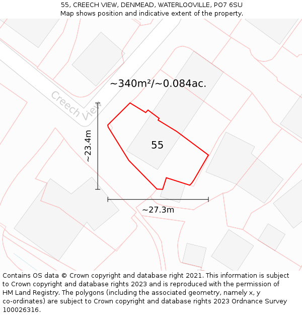 55, CREECH VIEW, DENMEAD, WATERLOOVILLE, PO7 6SU: Plot and title map