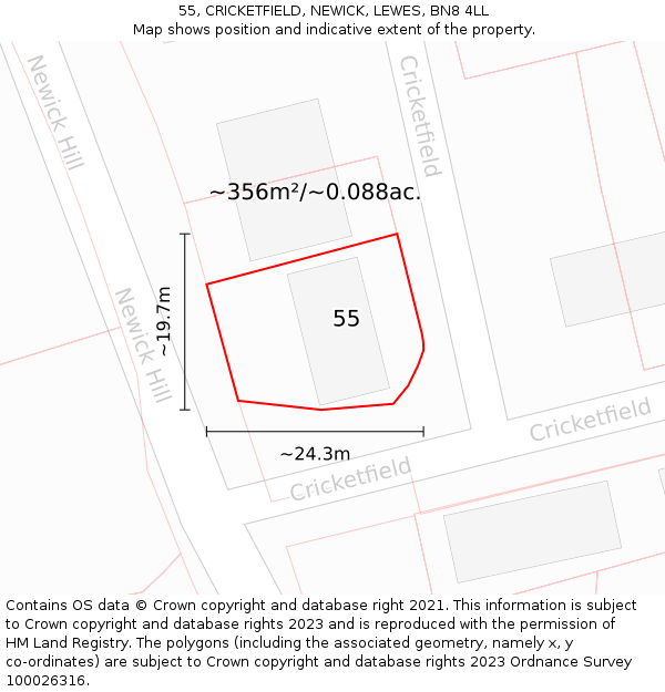 55, CRICKETFIELD, NEWICK, LEWES, BN8 4LL: Plot and title map