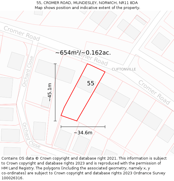 55, CROMER ROAD, MUNDESLEY, NORWICH, NR11 8DA: Plot and title map