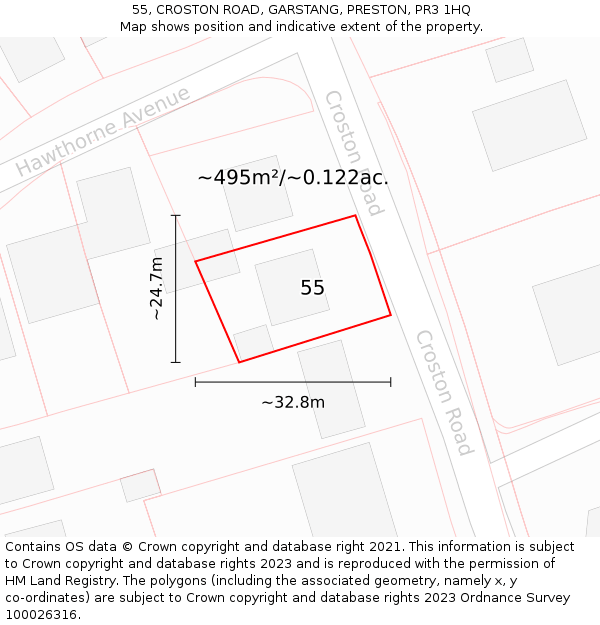 55, CROSTON ROAD, GARSTANG, PRESTON, PR3 1HQ: Plot and title map