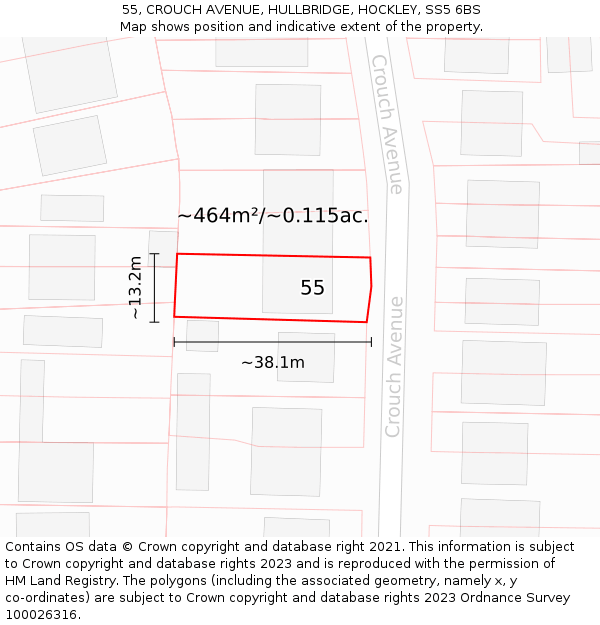 55, CROUCH AVENUE, HULLBRIDGE, HOCKLEY, SS5 6BS: Plot and title map