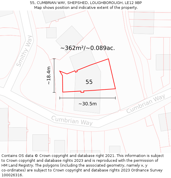 55, CUMBRIAN WAY, SHEPSHED, LOUGHBOROUGH, LE12 9BP: Plot and title map