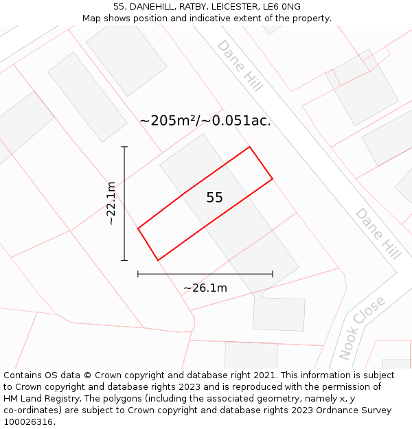 55, DANEHILL, RATBY, LEICESTER, LE6 0NG: Plot and title map