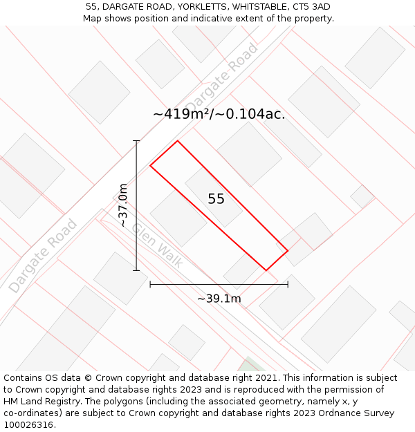 55, DARGATE ROAD, YORKLETTS, WHITSTABLE, CT5 3AD: Plot and title map