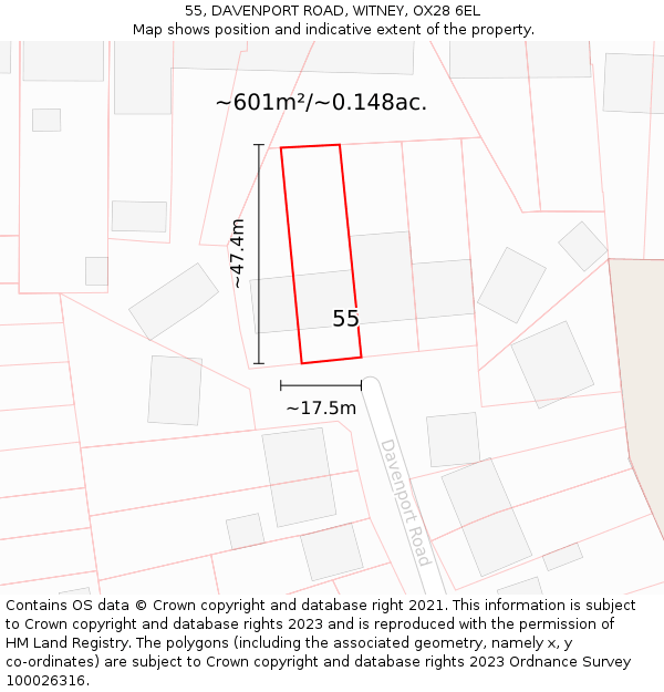55, DAVENPORT ROAD, WITNEY, OX28 6EL: Plot and title map