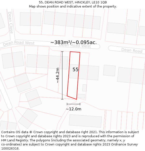 55, DEAN ROAD WEST, HINCKLEY, LE10 1QB: Plot and title map