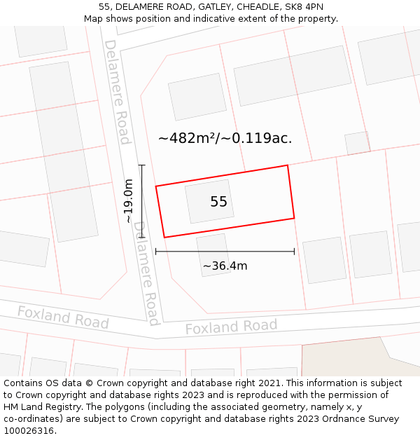 55, DELAMERE ROAD, GATLEY, CHEADLE, SK8 4PN: Plot and title map