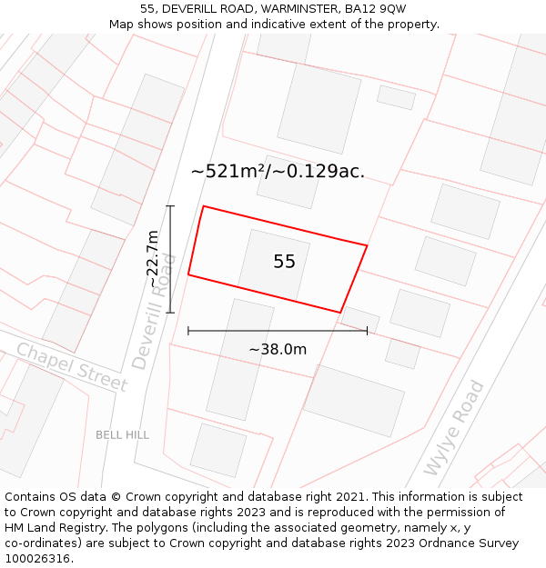 55, DEVERILL ROAD, WARMINSTER, BA12 9QW: Plot and title map