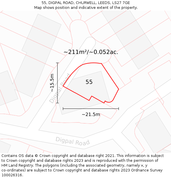 55, DIGPAL ROAD, CHURWELL, LEEDS, LS27 7GE: Plot and title map