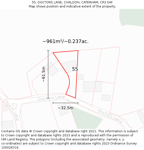 55, DOCTORS LANE, CHALDON, CATERHAM, CR3 5AF: Plot and title map