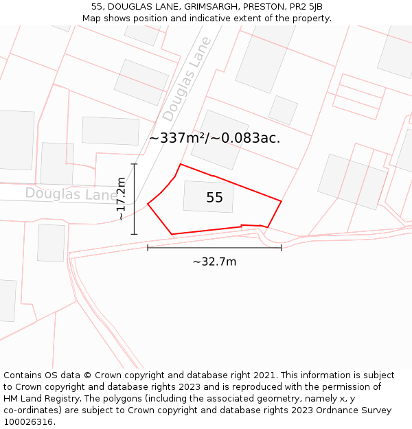 55, DOUGLAS LANE, GRIMSARGH, PRESTON, PR2 5JB: Plot and title map
