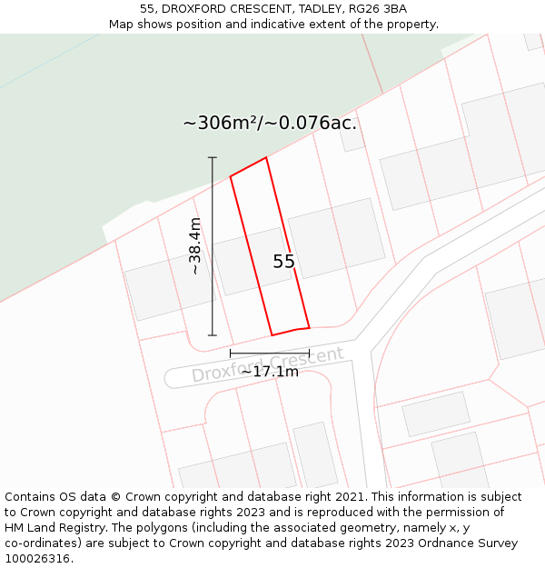 55, DROXFORD CRESCENT, TADLEY, RG26 3BA: Plot and title map