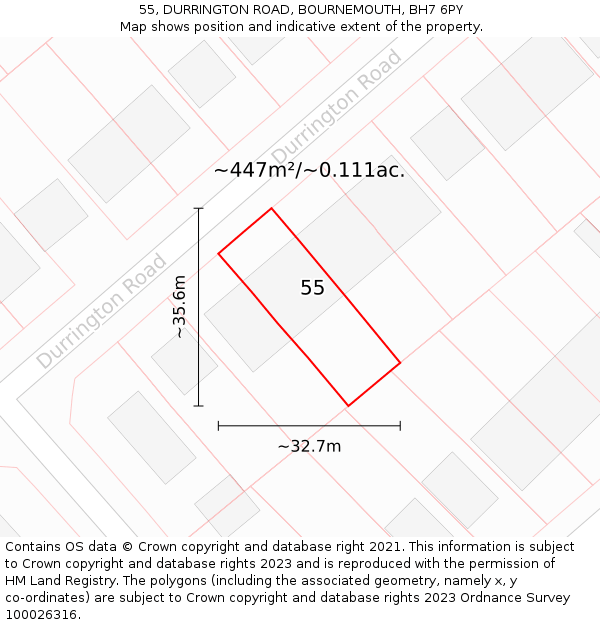 55, DURRINGTON ROAD, BOURNEMOUTH, BH7 6PY: Plot and title map