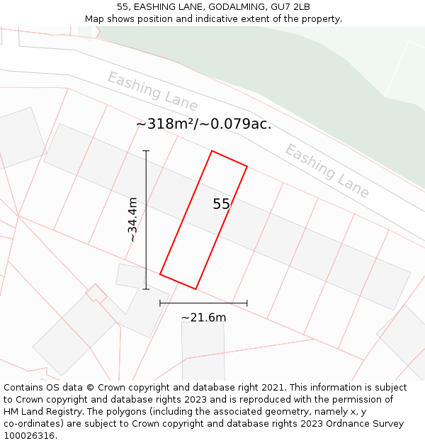 55, EASHING LANE, GODALMING, GU7 2LB: Plot and title map